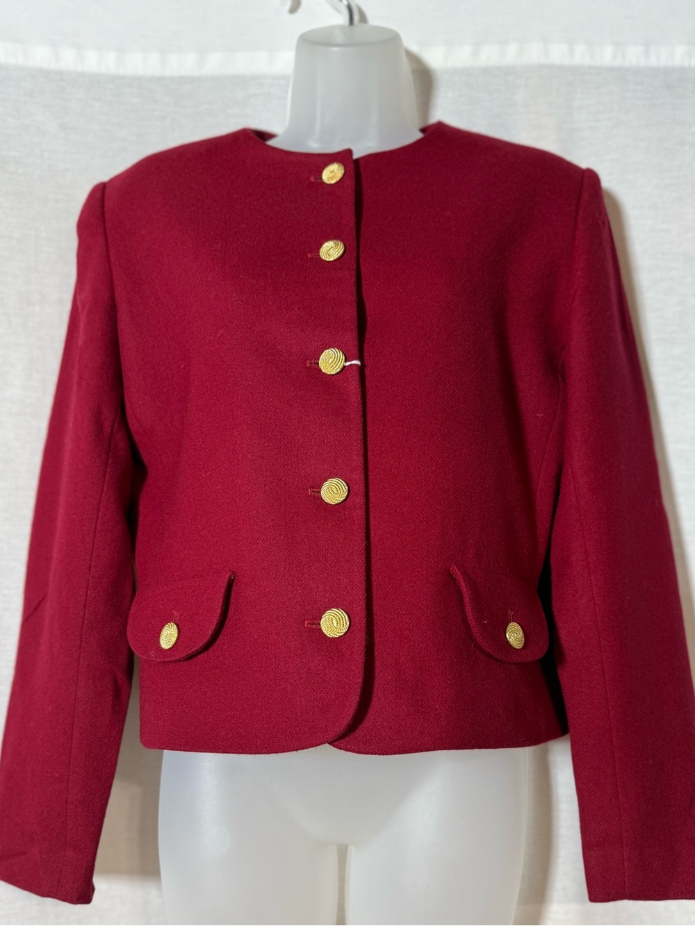 Appleseed's Cranberry Collarless 100% wool Blazer with Gold Buttons Size 8